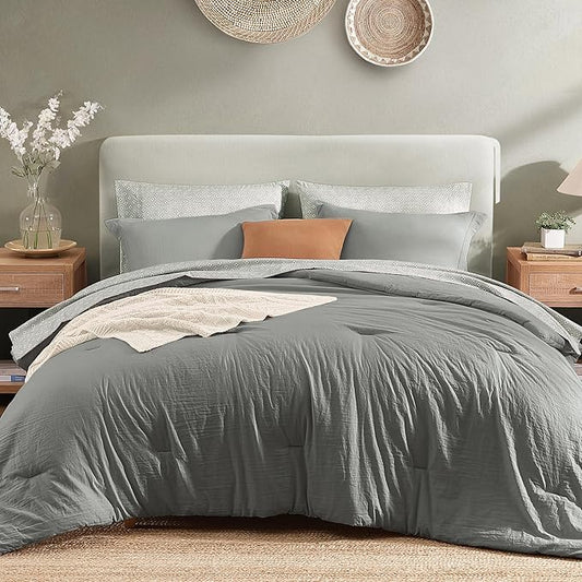 Monbix Queen Comforter Set - 7 Pieces Granite Grey Prewashed Bed in a Bag Queen Bedding Sets with Comforters, All Seasons Down Alternative Comforter Bed Set with Sheets,Pillowcases & Shams