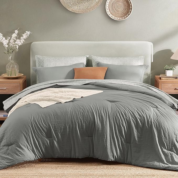 Monbix King Size Comforter Set - 7 Pieces Granite Grey Prewashed Bed in a Bag King Bedding Sets with Comforters, All Seasons Down Alternative Comforter Bed Set with Sheets,Pillowcases & Shams