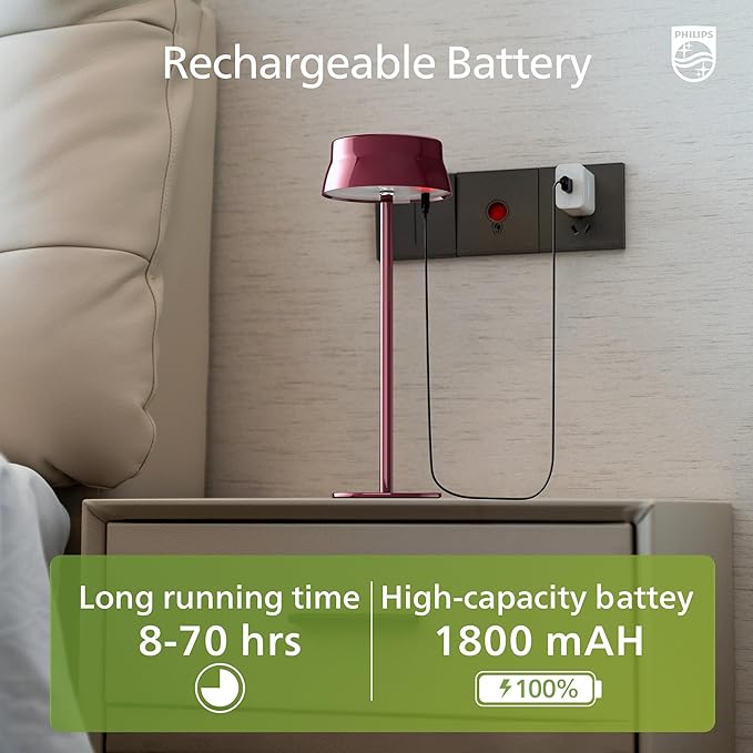 Philips Cordless Table Lamp, Portable Outdoor LED Desk Light,Rechargeable Battery Operated, 2 Adjustable Height, Touch Control & 3 Color Stepless Dimming, Waterproof Lamps for Restaurant/Bedroom