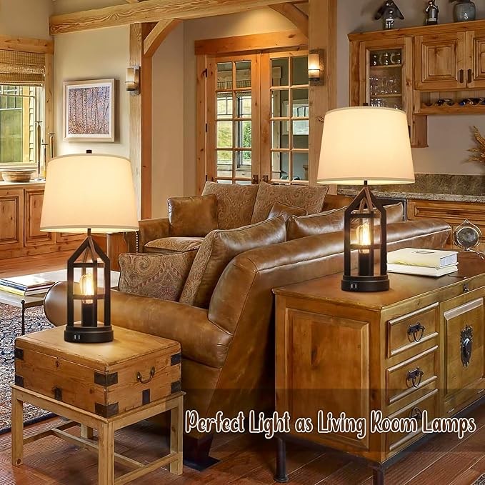 BesLowe 2-Light Farmhouse Touch Table Lamps, 3-Way Dimmable Bedside Lamps with 2 USB Ports for Bedroom, Rustic End Table Lamps for Living Room with White Shades, 4 LED Bulbs Included, Set of 2