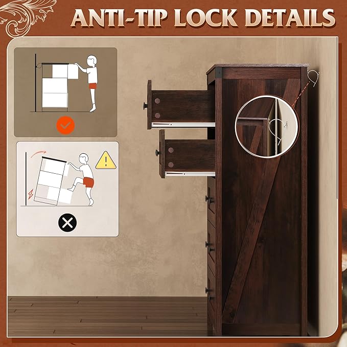 WLIVE Farmhouse Brown Dresser for Bedroom, 5 Drawer Dresser Storage Organizer, Tall Wood Dressers with Double Rustic Handle, Chest of Drawers for Living Room, Hallway, Closet