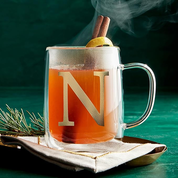 COLLECTIVE HOME - Double Walled Glass Coffee Mugs, Insulated Coffee Mug with Handle, Personalized Gifts for Women, Men, Christmas, 14 oz Monogram Cups (N)