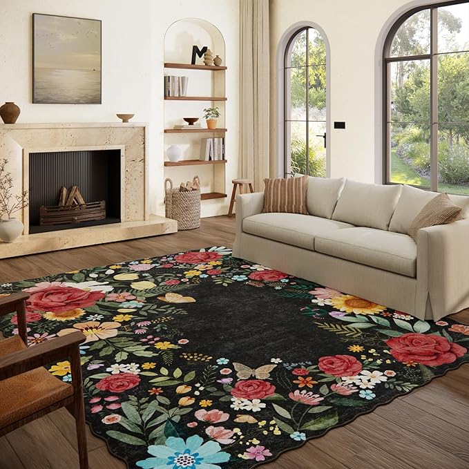8'x10' Washable Rugs for Living Room, Soft Lightweight Non Slip Stain Resistant Dining Room Vintage Boho Floral Black Rug Easy Clean Throw Carpet for Bedroom