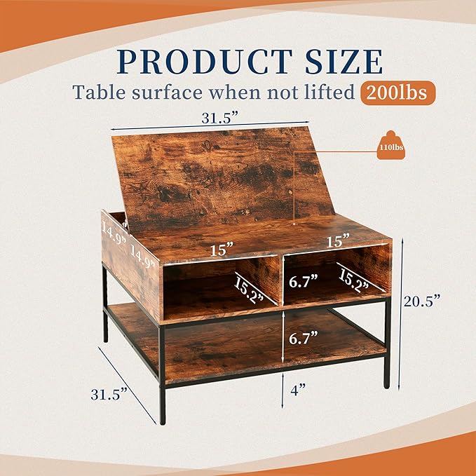 Flip Top Coffee Table with Storage, Square Coffee Tables with Large Hidden Compartment, Farmhouse Rustic Pottery Barn Coffee Table with Opening & Shelf for Living Room, Assembly Required