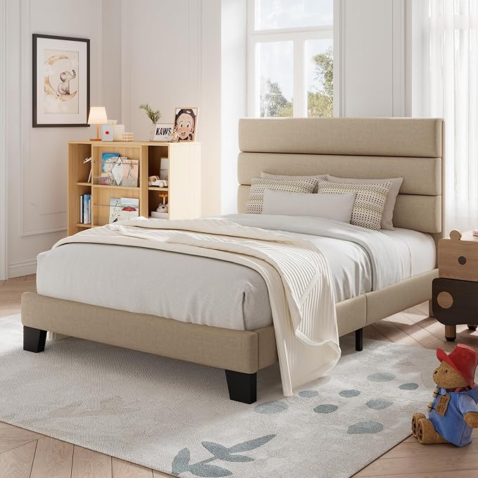 Allewie Twin Size Platform Bed Frame with Fabric Upholstered Headboard and Wooden Slats Support, Fully Upholstered Mattress Foundation/No Box Spring Needed/Easy Assembly, Beige