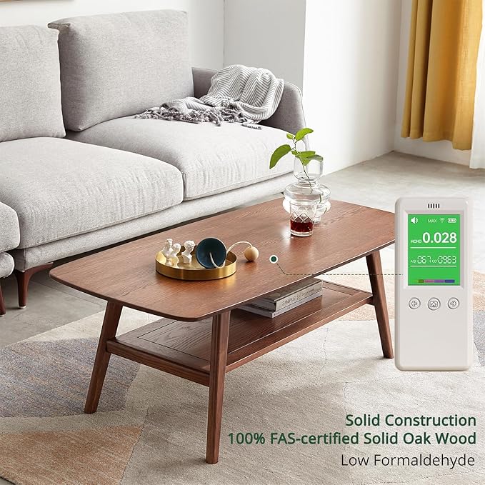 2-Tier Solid Oak Wood Coffee Table - Practical Center Table with Double Storage for Small Apartments, Living Rooms, Bedrooms, and Offices (Walnut, 31.49" D x 19.68" W x 17.32" H)