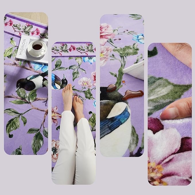 Runner Rug for Kitchen 2'6"x8' Washable Rugs with Rubber Backing Soft Floral Bird Magpies Floral Animal Carpet Runner for Kitchen, Laundry, Bedroom, Bathroom (Purple)