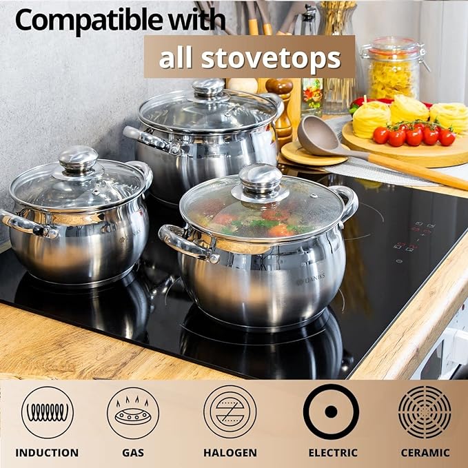 Daniks Classic Frying Pan Included, 12-Piece Stainless Steel Induction Cookware Set – Dishwasher Safe Pots and Saucepan with Lids, Measuring Scale, Silver