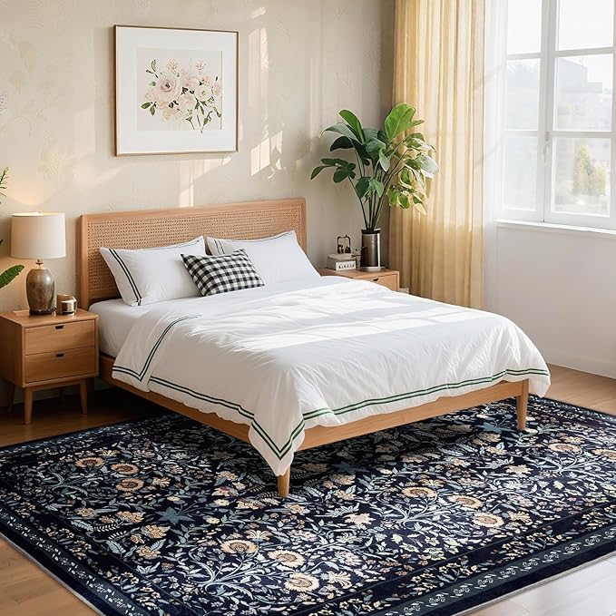 Area Rug Living Room Rug, 5X7 Rugs for Living Room Floral Boho Low Pile Super Soft Washable Rug, Stain Resistant Indoor Floor Non-Slip Carpet for Bedroom Bedside Dining Room Kitchen Nursery, Black