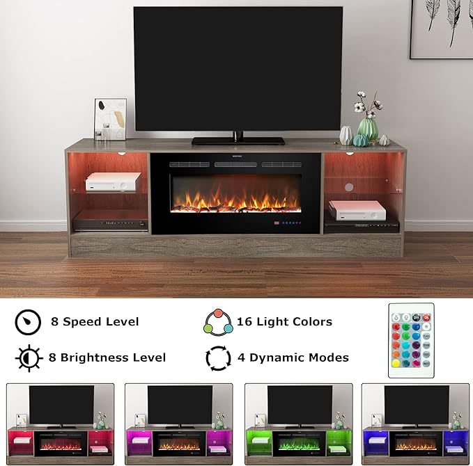 72" Fireplace TV Stand, Entertainment Center with 36" Electric Fireplace, LED Light Wood Storage Cabinet Table, Media Console for TVs Up to 80", Thermostat, 13 Flame Colors, Grey