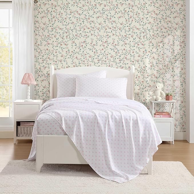 Laura Ashley Kids - Twin XL Sheet Set, Soft & Wrinkle-Resistant Toddler Bedding Set, Deep Pockets, Girl Bed Sheets with Matching Fitted Sheet & Pillowcase (Lovely Bows Pink)