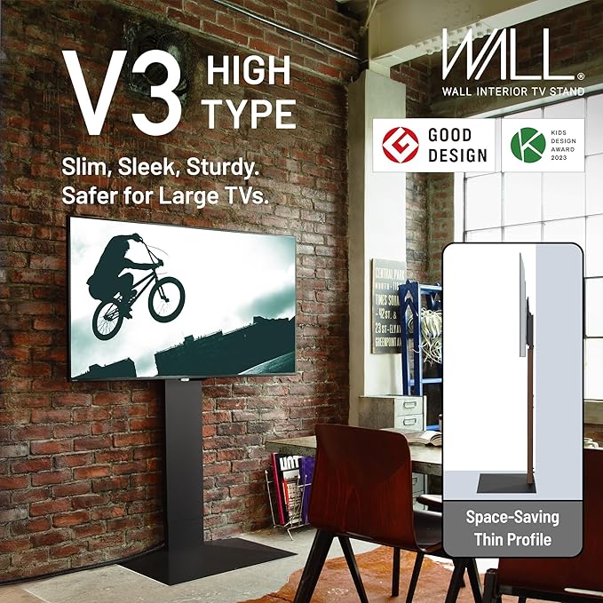WALL V3 High Type | Sleek 32-80 Inch Universal Ultra Thin TV Stand | Satin Black | for Living Room and Bedroom, Space Saving, Adjustable Mount, No Drill, Japan-Engineered Design