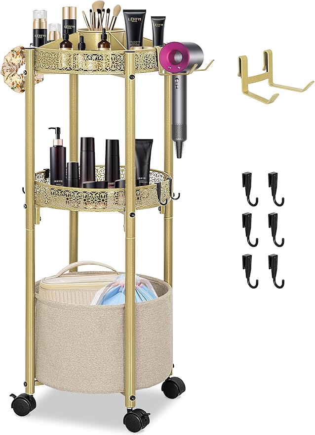 3-Tier Rolling Makeup Organizer Cart with Hair Dryer Holder - Salon-Grade Cosmetic Organizer, Mobile Bathroom Storage Cart for Skincare, Makeup Essentials -Locking Wheels (Gold Finish)