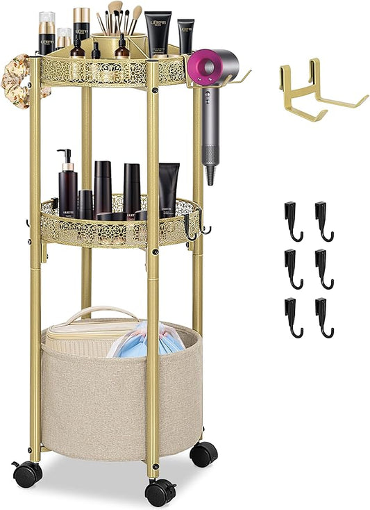 3-Tier Rolling Makeup Organizer Cart with Hair Dryer Holder - Salon-Grade Cosmetic Organizer, Mobile Bathroom Storage Cart for Skincare, Makeup Essentials -Locking Wheels (Gold Finish)