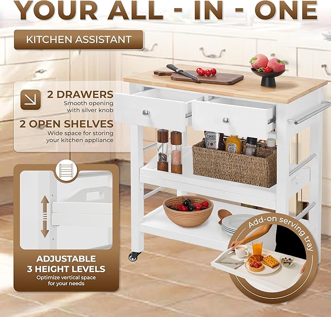 Rolling Kitchen Island Cart, White Kitchen Cart with Rubberwood Top, Ample Storage Drawers, Adjustable Shelves, Utility Cart with Wheels for Small Kitchens, 35” Height