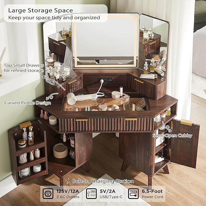 T4TREAM Fluted Makeup Vanity Desk with 3 Way Mirror and Lights, 48" Large Corner Vanity Table with Glass Top, Charging Station, 3 Drawers, Storage Cabinets & Shelves, for Bedroom, Dark Walnut