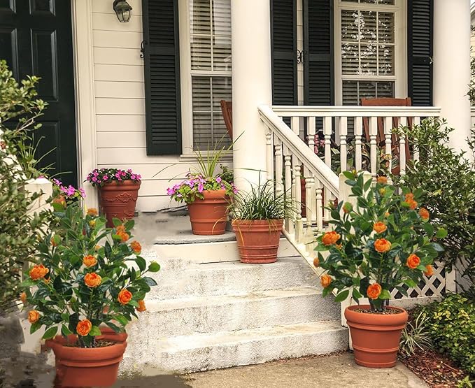 Artificial Camellia Tree 35in Faux Floral Plant with Orange Flowers and Green Leaves - No Maintenance Indoor Outdoor Office Home Porch Decor Housewarming Gift(1 Pack - Orange)