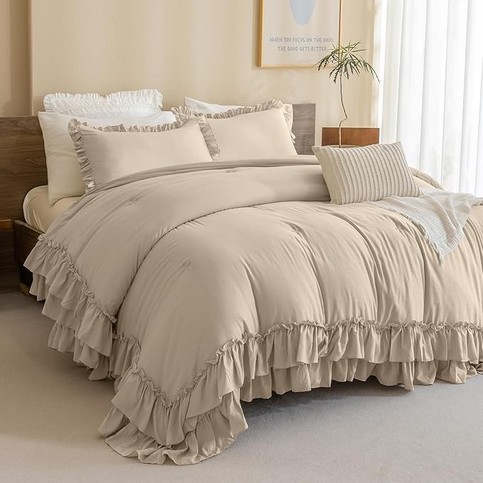 Queen's House Ruffled King Size Comforter Set,Linen Feel Textured Farmhouse Lightweight Fluffy Boho Chic Bedding Comforter,Ultra Soft Microfiber Inner Fill Bedding