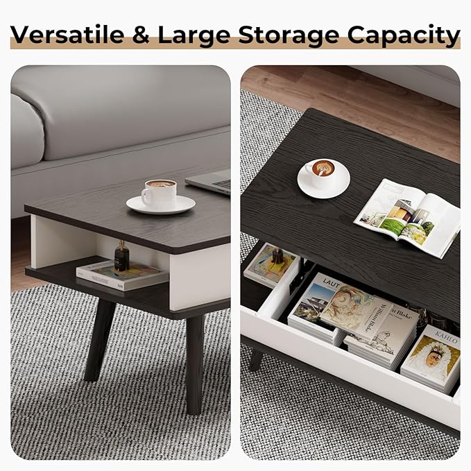 Lift Top Coffee Table, One Minute No Assembly Required Rising Tabletop Center Table with Large Hidden Storage Compartment, Open Shelf, Anti-Pinch Design Mute for Living Room (Black)