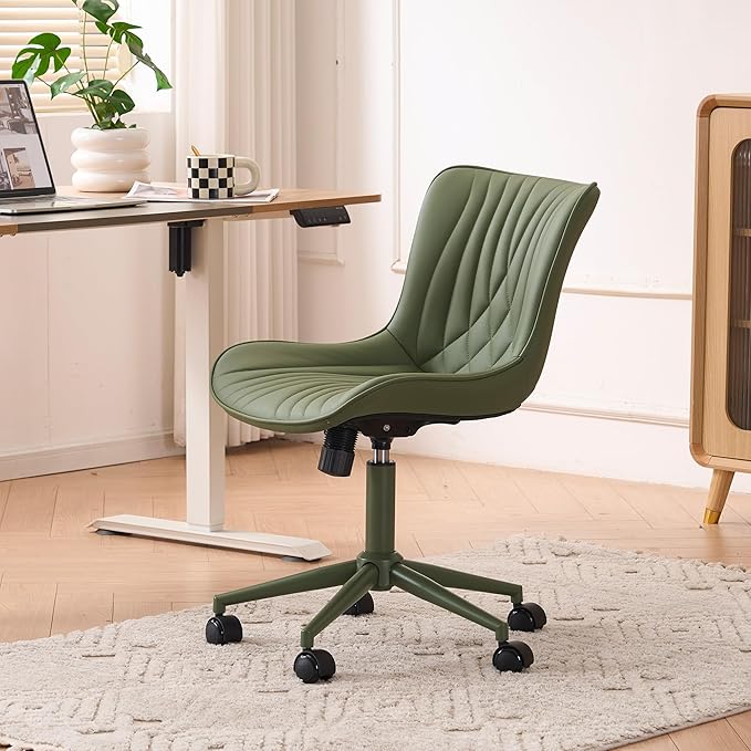 YOUTASTE All Olive Green Office Chair, Modern Armless Desk Chair with Back, Adjustable Swivel Rolling Faux Leather Task Chair with Wheels Metal Base for Home Office, Study, or Vanity
