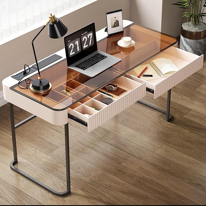 Lartis Office Desk with Drawers for Home Working Studying Computer Desk with Built-in Outlet Writing Desk Dressing Table Vanity Table no Mirror Intelligent Socket with USB Port