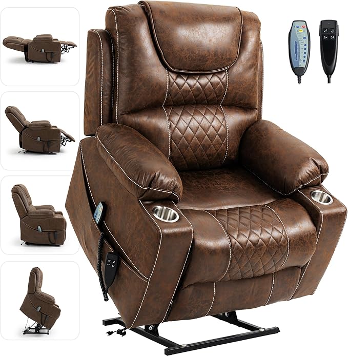 Large Power Lift Chairs Recliners for Elderly with Heated and Massage, Upgraded Dual Motor Lay Flat Recliners, 25in Extra Wide Seat, Cup Holder, Side Pocket…, Brown/Breathing Leather
