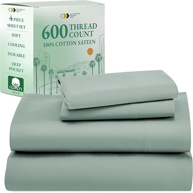 California Design Den California King Sheet Set - 100% Cotton, 600 Thread Count Deep Pocket Cal King Sheet Set, Luxury Hotel-Quality Sheets with Soft Sateen Weave (Sage Green - Cool Tone)