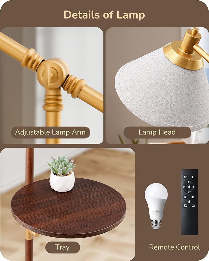 EDISHINE 68" Arc Floor Lamp with Table, Vintage Standing Lamp for Living Room with Tray, Tall Reading Lamp, Beige Shade, Adjustable Arm, Remote Dimmable Bulb Included, for Bedroom Office, Wood Grain