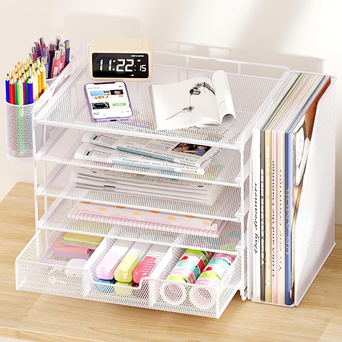 Desk Organizers and Accessories with File Holder, 5-Tier Office Desk Accessories & Workspace Desktop Organizer with Drawer and 2 Pen Holder, File Paper Organizer for Office Supplies(White)