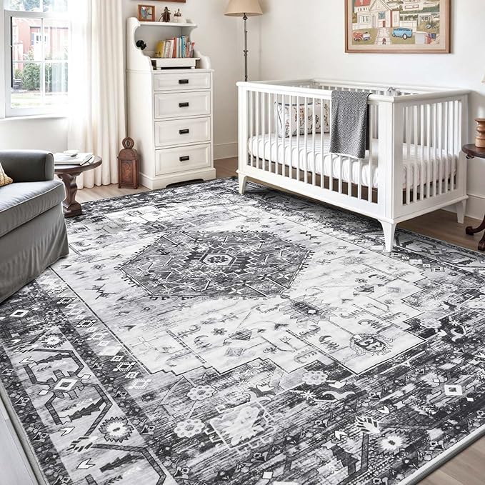 Washable Area Rugs for Living Room, Grey 4x6 Non Slip Vintage Floral Room Rug for Bedroom, Low Pile Indoor Carpet for Dining Room, Home Office, Kitchen, Dorm