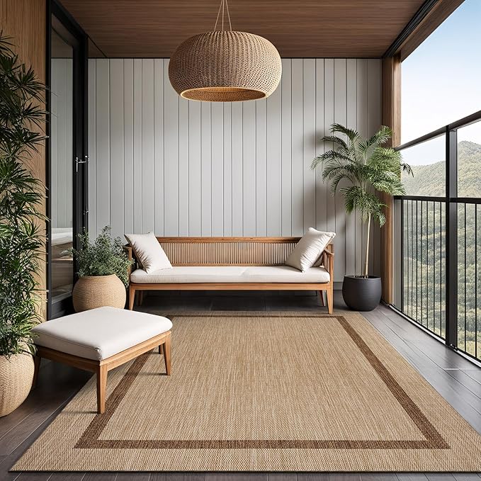 Bordered Outdoor Rug 8x10 Washable Outside Carpet for Indoor Patio Porch Waterproof Easy Cleaning Non Shedding Area Rugs Jute Beige - Nut Brown 8 x 10