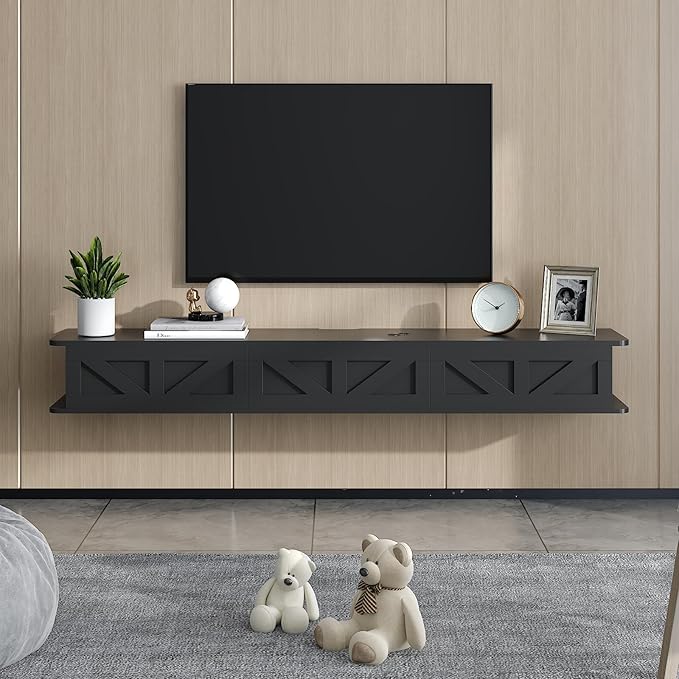 Black Floating TV Stand for 43 55 65 70 inch TV, Entertainment Center Media TV Console Shelf and Storage Drawers for Wall for Living Room Bedroom