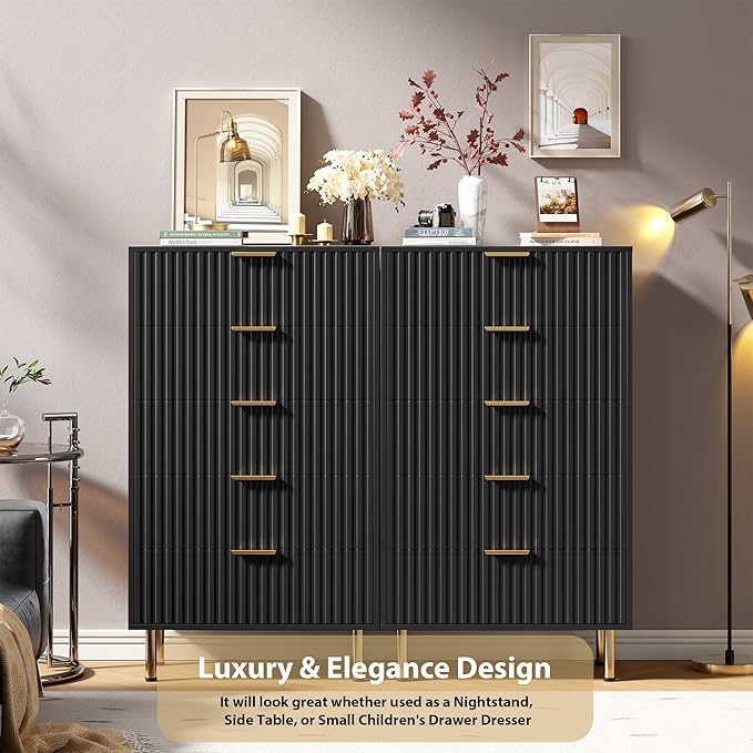 5 Drawer Dresser for Bedroom, 48" Tall Modern Chest of Drawers with Deep Drawers and Wide Top, Fluted Wooden Dresser Organizer for Living Room, Hallway, Kids Room, Black