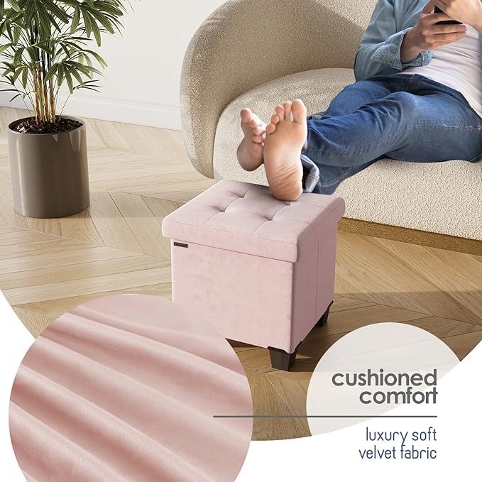 STORAGEBUD Storage Ottoman Cube with Small Bin, 15-in Square Ottoman with Storage for Living Room and Bedroom, Small Ottomans Foot Rest, Velvet Foot Stools Ottomans Max 330lbs, Pink