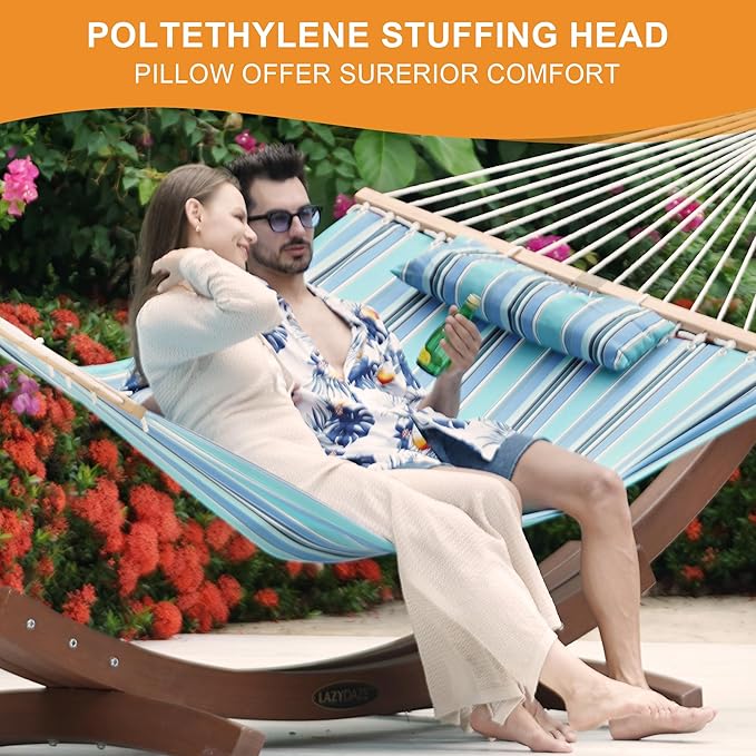 Lazy Daze 12 FT Sunbrella Fabric Hammock with Spreader Bars and Free Pillow Fits for Two Persons, All Weather and Fade Resistant for Patio Yard, 450 lbs Weight Capacity, Dolce Oasis