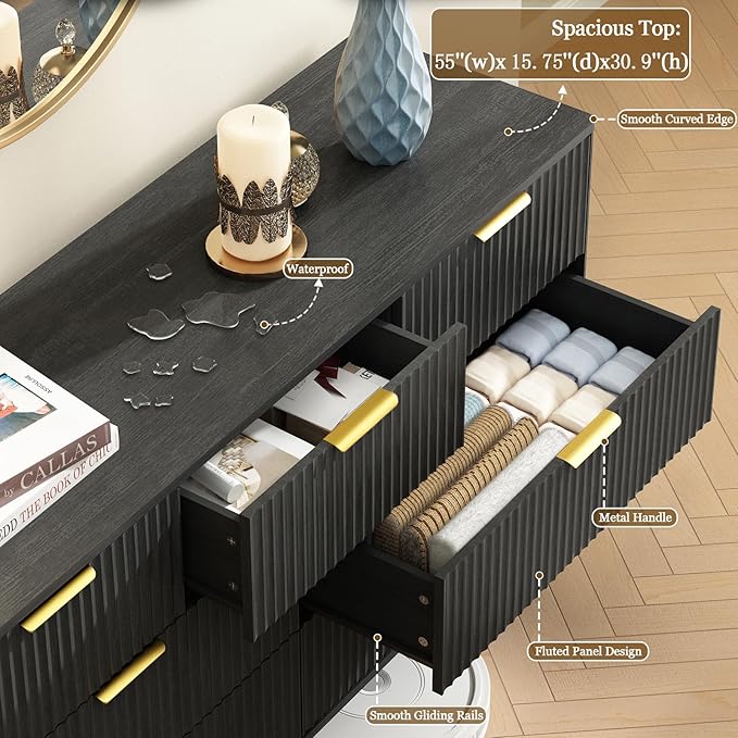 CARPETNAL Fluted 7 Double Drawers Black Dresser for Bedroom, 55”Wide Modern Chest of Drawers with Deep Drawers,Wood Drawer Organizer for Bedroom Living Room, Hallway, Black