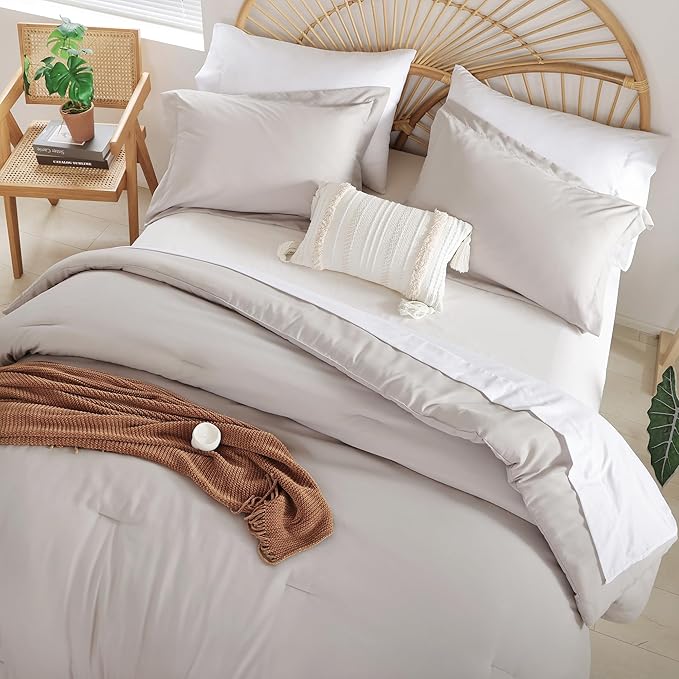 weigelia Full Size Comforter Set Linen Grey Comforter 7 Pieces Comforters Full Size with Sheets Soft Fluffy Comforter Set for Women and Men