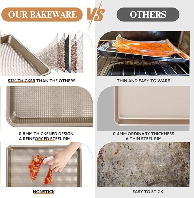 2 Piece Professional Baking Pan Set, Nonstick Bakeware Set, Heavy Duty Thick Cookie Sheets for Baking, 9x13in, 10x15in, Textured, Gold