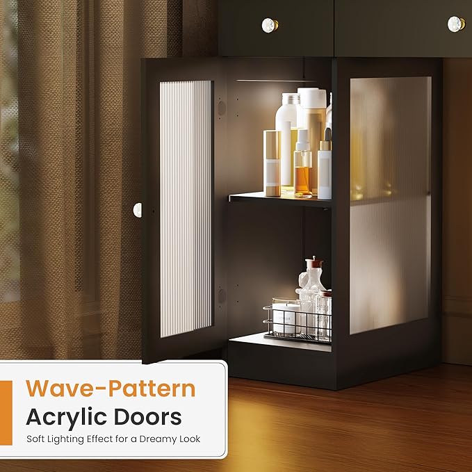 Pamapic Makeup Vanity with Crystal Knobs, Glass Top Vanity Desk with Mirror and Lights, Power Outlet, Drawers and Cabinet, 3 Lighting Color Adjustable Dressing Table, Upgraded Silent Slides, Black