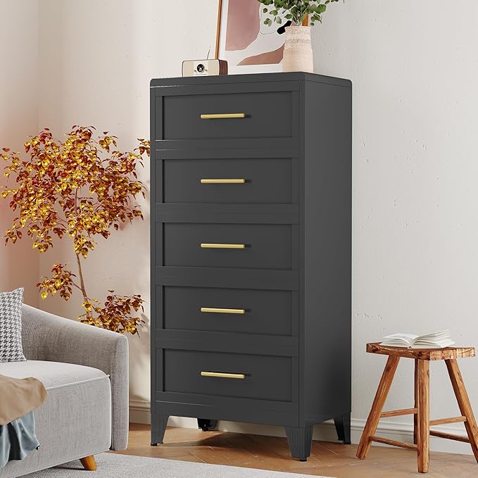 Metal Dresser Tall Narrow Dresser for Bedroom Chest, 53.46" H Drawer Chest, Closet Dressers & Chests of Drawers for Living Room, Hallway (5 Drawers Black 24inch Wide)
