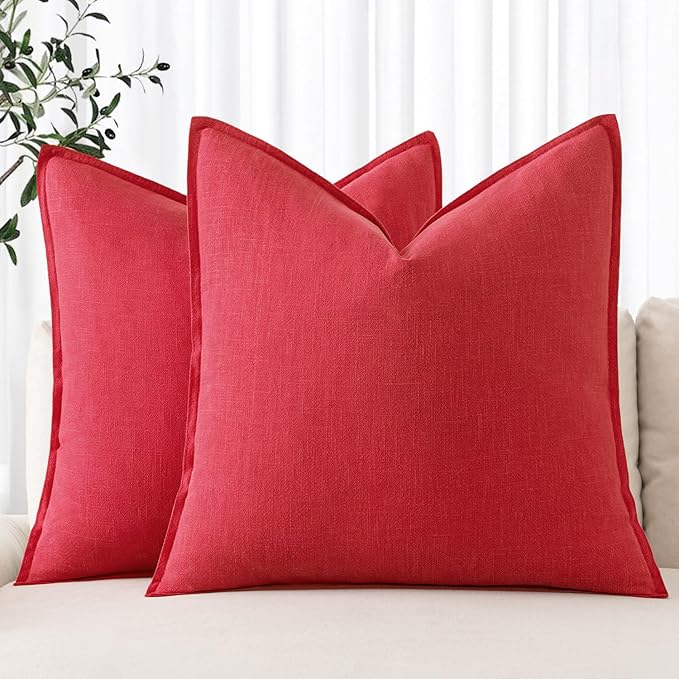 MIULEE Christmas Decorative Linen Pillow Covers 20x20 Inch Red Boho Farmhouse Neutral Couch Throw Pillows for Bed Pack of 2 Accent Modern Pillowcase Sofa Livingroom Home Decor