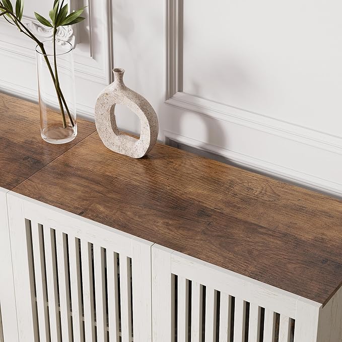 Farmhouse TV Stand for 70 Inch TVs, 2-in-1 Entertainment Center with Storage Cabinets & Metal Base, Antique White Media Console for Living Room