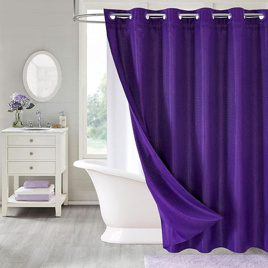 MitoVilla Purple Waffle Long Shower Curtain 72 x 80, No Hooks Required 80 inch Long Fabric Cloth Shower Curtain Set with Cloth Snap-in Liner for Modern Hotel Bathroom Decor, Lavender