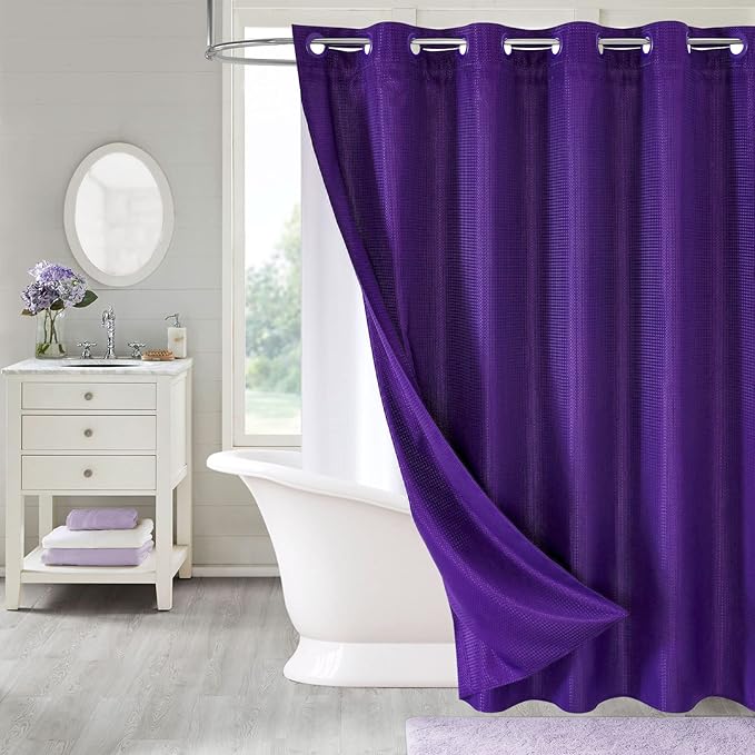 MitoVilla Extra Long Shower Curtain Set with Snap-in Liner, Purple 86 inch XL Waffle Fabric Shower Curtains for Luxury Hotel Grade & Spa-Like Bathroom Decor, No Hooks Needed
