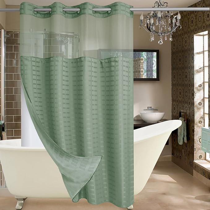 Conbo Mio Stall No Hook Sage Green Shower Curtain with Snap in Liner Set, Hotel Luxury Shower Curtains for Bathroom with See Through Top Window, Waterproof, Washable 54W x 74H