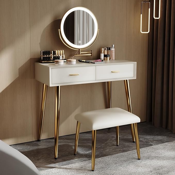 IKuinen Makeup Vanity Desk with Mirror and Lights, Small Vanity Table with 2 Drawers, Stool, Vanity Set for Bedroom with Leather, 3 Lighting Modes - 31.5In Beige