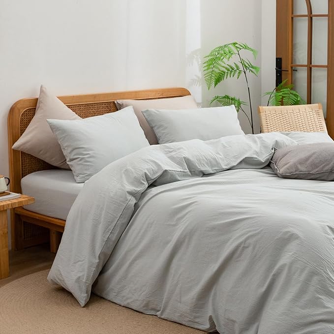 BESTOUCH Duvet Cover Set 100% Washed Cotton Linen Feel Super Soft Comfortable Chic Lightweight 3 PCs Home Bedding Set Solid Northern Droplet Grey King
