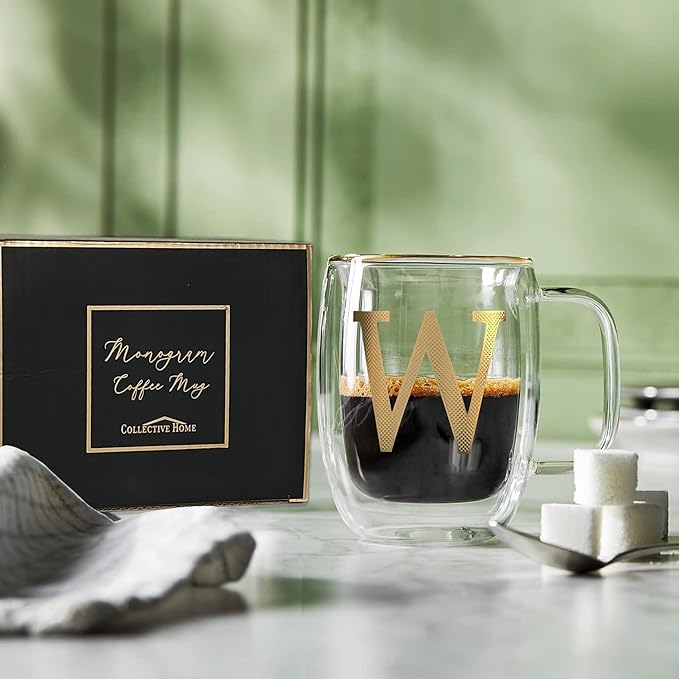 COLLECTIVE HOME - Double Walled Glass Coffee Mugs, Insulated Coffee Mug with Handle, Personalized Gifts for Women, Men, Christmas, 14 oz Monogram Cups (W)