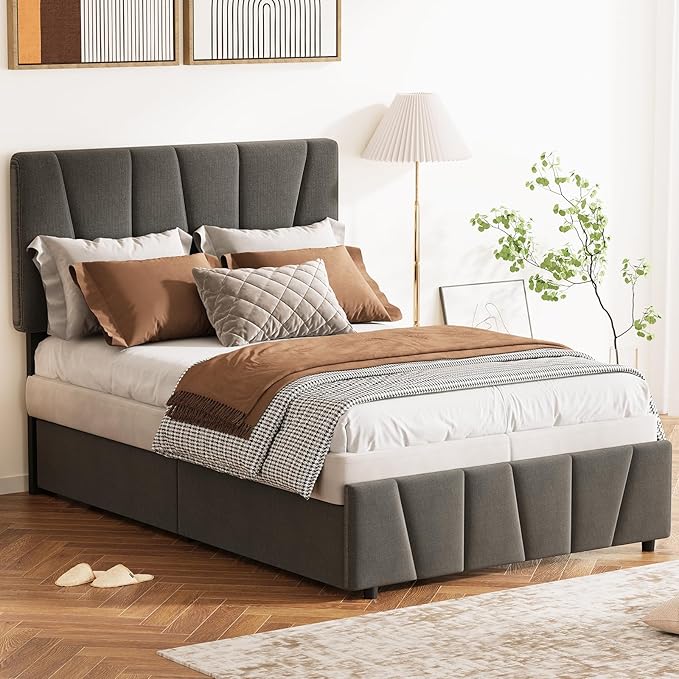 GarveeHome Twin Size Bed Frame with Adjustable Headboard and 4 Storage Drawers, Velvet Upholstered Tufted Twin Platform Bed Frames with Wooden Slats Support,Twin Bedframe No Box Spring Needed, Grey