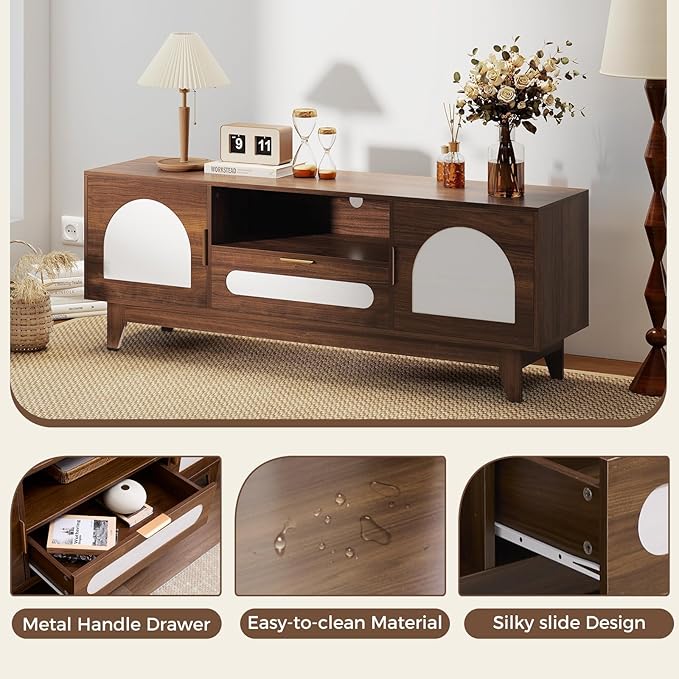 CANMOV Mid Century Modern Living Room Table Sets, Includes TV Console for 60-70 inch TV, 39 inch Coffee Table and 47" Buffet Cabinet with Storage for Bedroom, Living Room (Walnut)